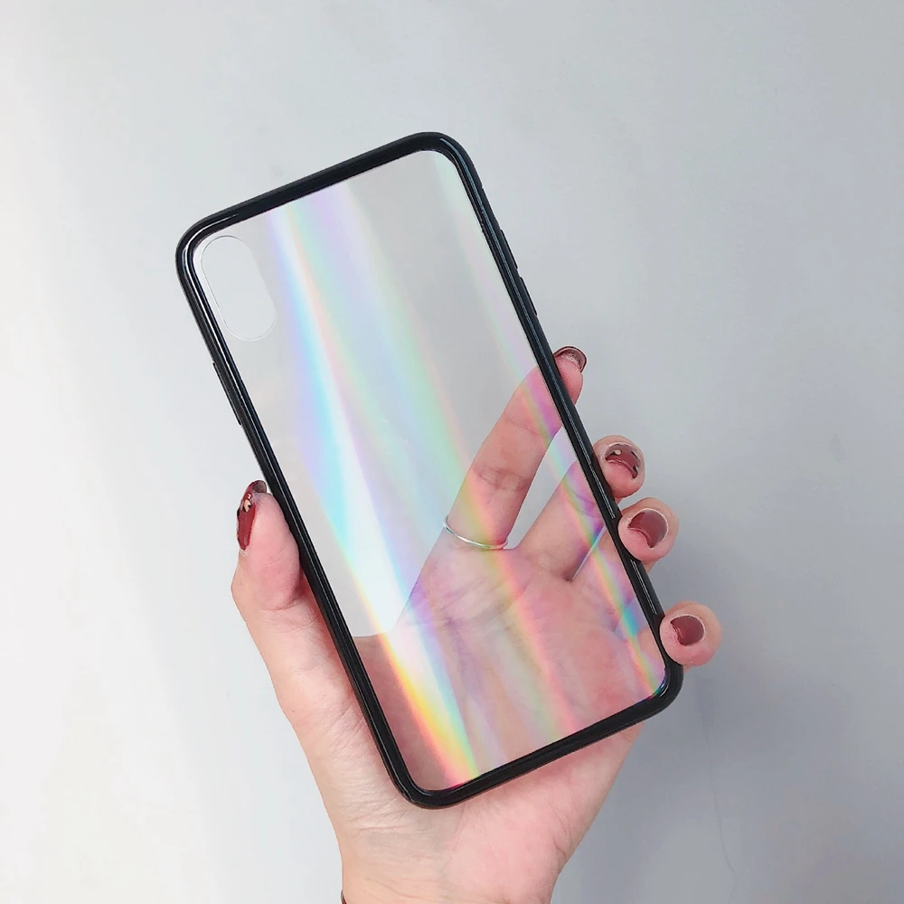 Черный 10x Aurora градиентный лазерный стеклянный чехол для iPhone XS MAX XR X Чехлы тонкая прозрачная Задняя стеклянная крышка для iPhone XS Max 6 7 8 Plus - Цвет: Черный
