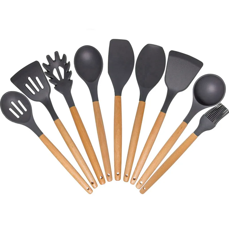 black untensil 9pcs Кухонный набор инструментов для приготовления пищи, силиконовая лопатка-скребок, кухонные принадлежности, аксессуары для кухни, термостойкая ложка для выпечки - Цвет: black untensil 9pcs