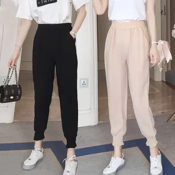 

Cotton Linen Pants Women Casual Harem Pants Mid Waist Elastic Trousers Female Solid Color Harajuku Ankle-length Length Pants T