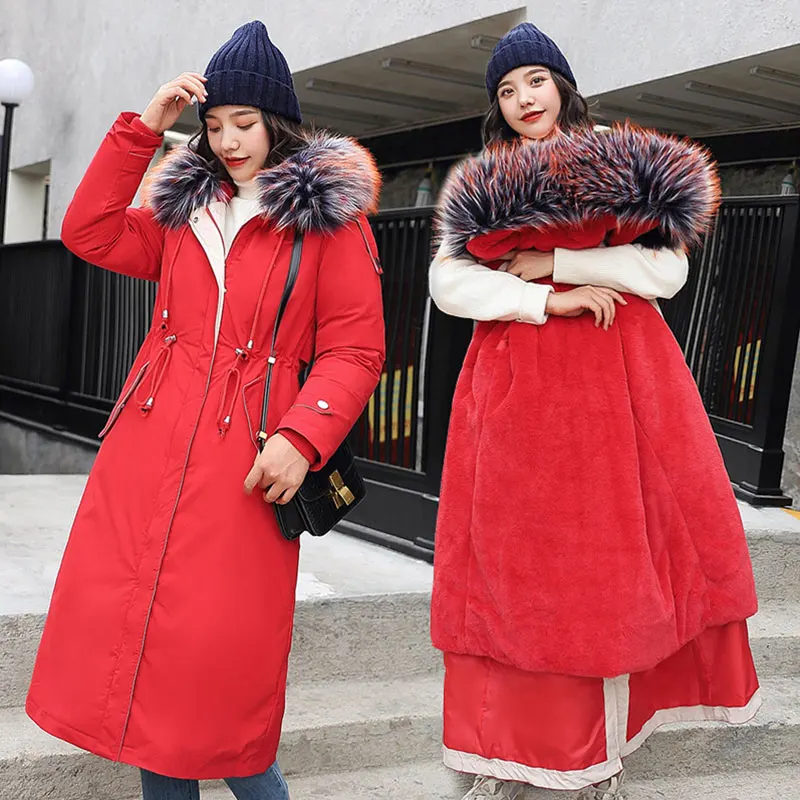 Шикарное женское длинное пальто с меховой подкладкой, с капюшоном, для пекарни, большой размер, зимнее пуховое пальто, Толстая теплая куртка с хлопковой подкладкой, ватные парки с большим карманом - Цвет: RED