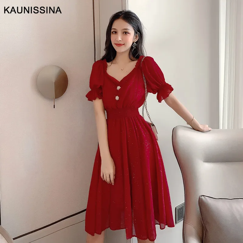 

KAUNISSINA Sweet Cocktail Dress Bling Chiffon Party Prom Robes Short Sleeve V-Neck A-Line Summer Red Dresses Cocktail