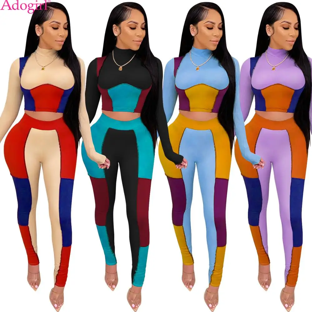 

Adogirl цветной лоскутный костюм для фитнеса из двух предметов пуловер с длинным рукавом облегающие брюки костюм спортивный костюм тренировочный костюм наряд для тренажерного зала