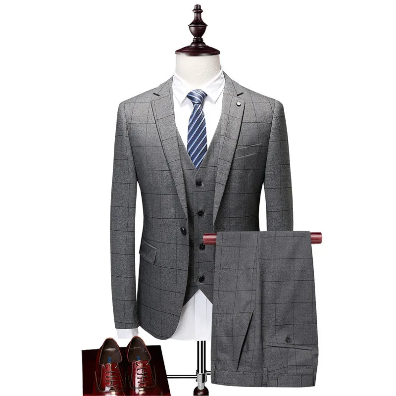 56.1    3、单扣、平角领、95、Men's suit костюм men's suit 3 piece suit blazed with trousers and vestmens suit high fashion Grey plaid business casual suits