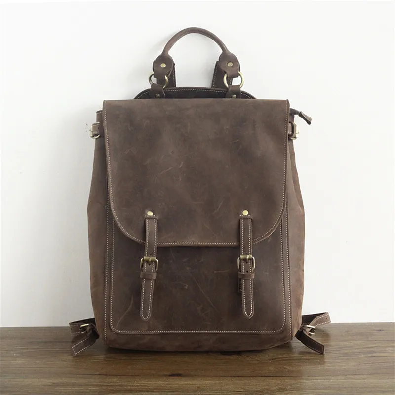 

Nesitu High Quality Vintage Brown Thick Genuine Crazy Horse Leather Men Backpacks Large Capacity Man Travel Bags M1736