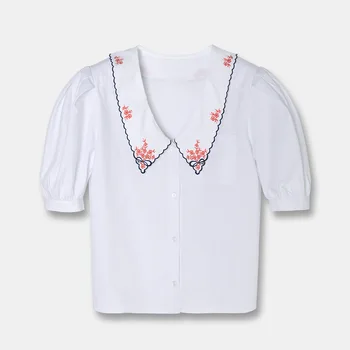 

Women Shirt Embroidered Collar Shirt White Shirt Female 2020 New Design Bubble Sleeve Top