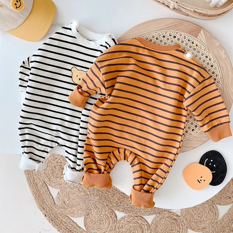 Autumn Baby Rompers Cartoon Bear Striped Jumpsuit