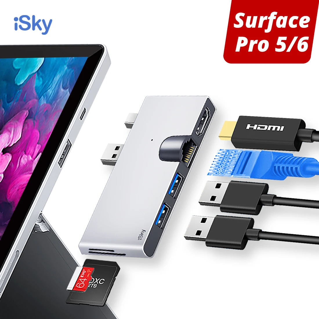 ISky для microsoft Surface usb-хаб для Surface Pro5 Pro6 концентратор Порт репликатор USB3.0 HDMI LAN Ethernet SD TF