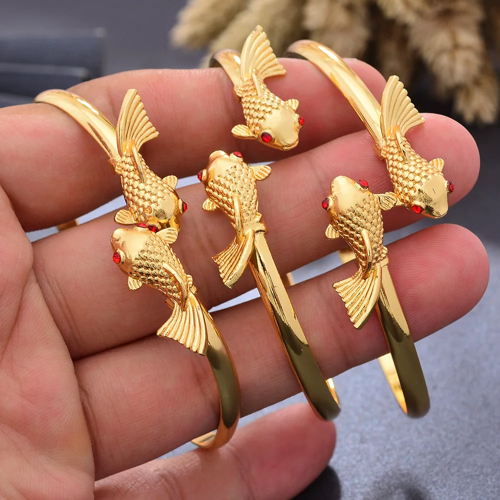 

4Pcs/set Ethiopia 24k Dubai Gold Color Fish Bangles For Women African Party Wedding Flower Gifts Bangles&Bracelets Jewelry Gifts