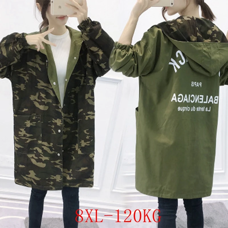 Cortavientos de camuflaje con capucha para mujer, cortavientos de talla grande 4XL -8XL con bolsillos a la moda, busto de doble cara de 136CM