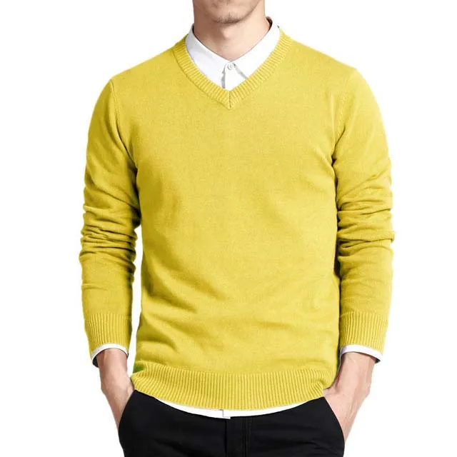 Мужские нарядные свитера и пуловеры, зимний Однотонный мужской пуловер, повседневный мужской свитер с v-образным вырезом, Мужская трикотажная одежда, Pull Homme 510 - Цвет: yellow