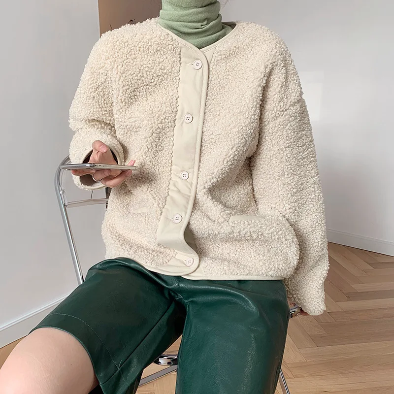 Lamb Wool Jacket Woman Short Thickening Fashion Casual Loose Warm Long Sleeve Coat