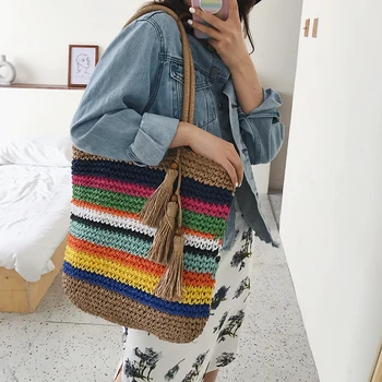 

Bohemian Style Large Capacity Fashion Color Woven Tassel Girl Bag Vegetable Basket Shoulder Bag Designer Bag 2020 New