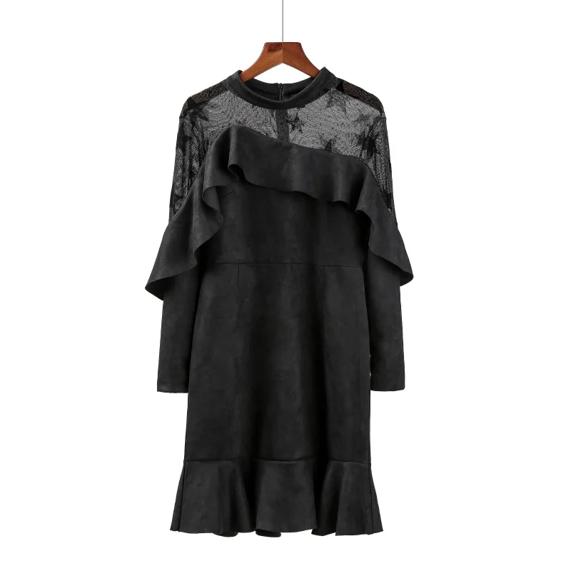 

Flounce Hem Shiny See Through Mesh Patchwork Ruffle Neckline Women's Autumn Winter Long Sleeve Black Suede Short Work Dress Mini