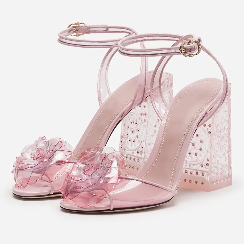 Sweet Girl's Pink Mint Green Jelly Sandals Beading Crystal Heel Flower