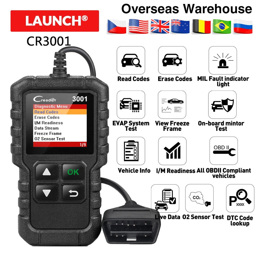 Launch X431 CR3001 Поддержка полной функции OBDII / EOBD Creader 3001 диагностический инструмент многоязычный PK CR319 OM123 сканер кодов