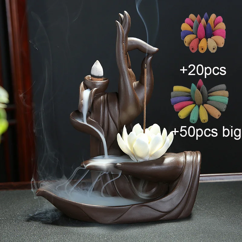 1 with20 big 50cones Горелка для благовоний с обратным потоком, керамическая башня, держатель для рук монаха Будды, курильница, конусы для благовоний, дым, дропшиппинг - Цвет: 1 with20 big 50cones