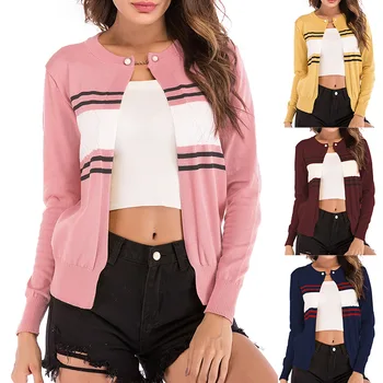 

Hot Spring New Women's Clothing Contrast Striped Knitted Cardigan Long Sleeves round Neck Short Coat