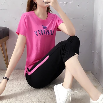 

Casual Sportswear Set Women 2020 Summer Student Loose Embroidered Cropped Pants Fashion Short Sleeve Two Piece Set