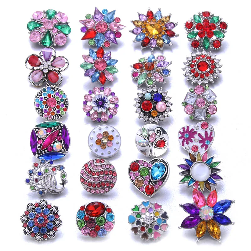 

10pcs/lot High Quality Snap Button Jewelry DIY Crystal Rhinestone Flower 18mm 20mm Metal Snap Jewelry Fit Snap Bracelet Bangle