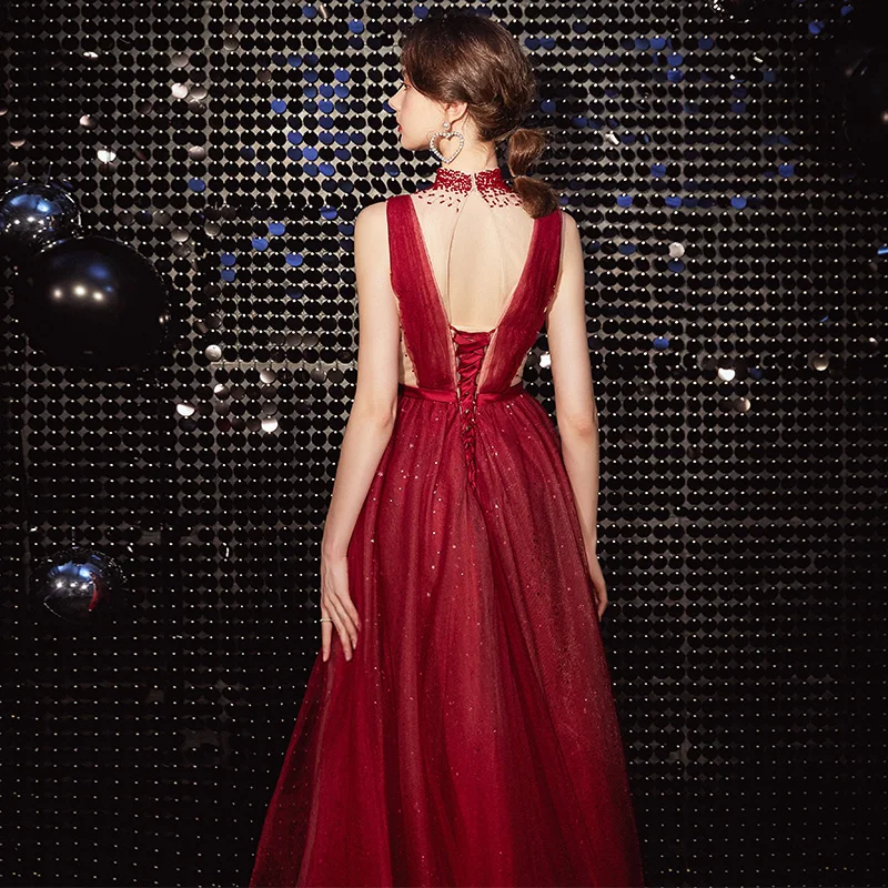 Он невесты иллюзия звезда шаблон вечернее платье для женщин красное вино длинное с высоким вырезом Формальное элегантное платье для выпускного банкетов темперамент