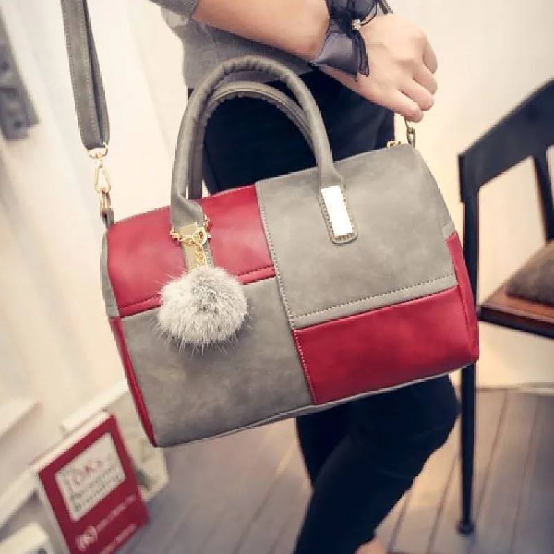 

2019 New Style Simple Contrast Color Joint WOMEN'S Bag Fur Ball Bag Messenger Bag Hand Boston Bag Pillow Bag