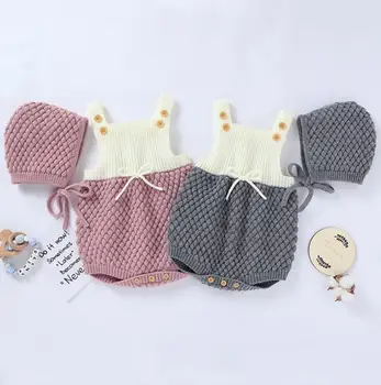 

Autumn Winter Cute Newborn Infant Baby Bodysuits Sweater Boys Girls Knitted Cotton Hat 2pcs Kids Jumpsuit Outfits Clothes 3-18M