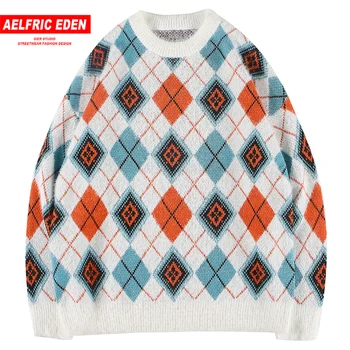 

Aelfric Eden Diamond Knitted Men Sweaters 2019 Autumn Harajuku Fashion Hip Hop Color Clock Male Pullovers Casual Tops Streetwear