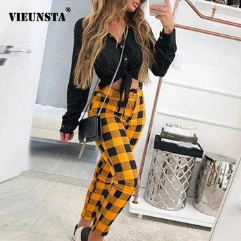 

2020 Spring Plaid Print Long Pants Women Fashion Plus Size Elastic Waist Straight Sweatpants Lady Streetwear Autumn Trousers 5XL