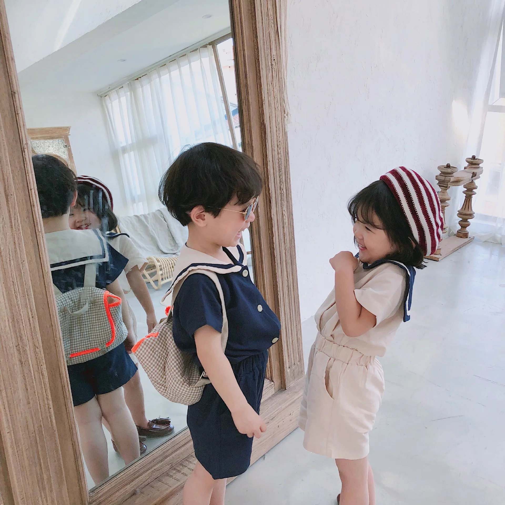 Kids Clothing Set Summer Korean Style Kids Sailor Collar Cotton Linen 2Pcs Suits Short Sleeve T Shirt + Shorts