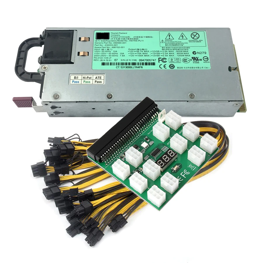 

1200W GPU Mining Power Supply Server PSU 490594-001 438203-001 498152-001 HSTNS-PL11 Breakout Board PCIe 6Pin to 6+2Pin Cables