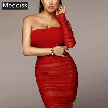 

Meqeiss New Autumn Sexy Lace Midi Celebrity Evening Runway Party Dress Women Red Off Shoulder Long Sleeve Club Bandage Dress