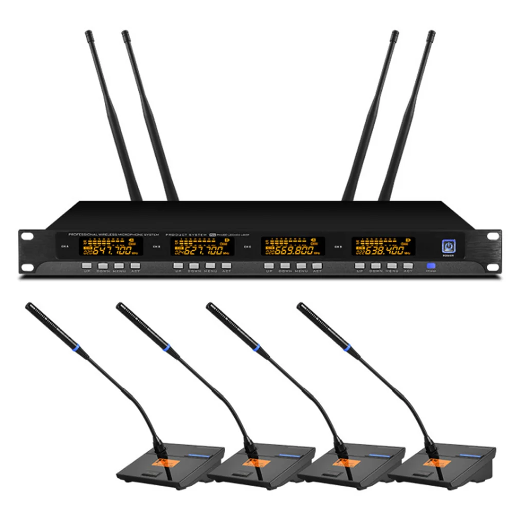 

Metal 4-channel UHF wireless microphone system with 4 conference microphones for conference room presentations