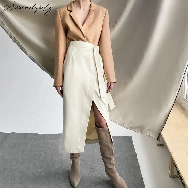 

SRDP Beige Suede Thick Split Skirt Women Autumn Winter Casual Wrap Lace Up Skirt High Waist Midi Office Ladies Elegant Skirt