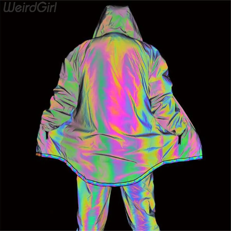 Weirdgirl/осеннее Новое Радужное светоотражающее пальто на молнии с карманами; яркая крутая куртка в стиле хип-хоп для уличных танцев; индивидуальная одежда с капюшоном