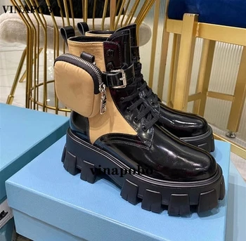 

Hot Black Genuine Leather Lace Up Ankle Boots Buckle Strap Matching Small Pocket Autumn Winter Boots Shoes Women