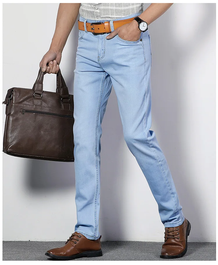 regular jeans 2019 Summer New Men blue/Light Jeans Business Casual Stretch Slim Denim Jeans Light Blue Trousers Male Brand Pants Plus Size branded jeans for men