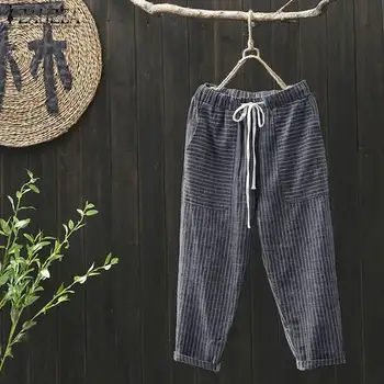 

ZANZEA Plus Size Vintage Striped Pants Casual Women Elastic Waist Harem Pants Turnip Trousers Spring Loose Pantalon Streetwear