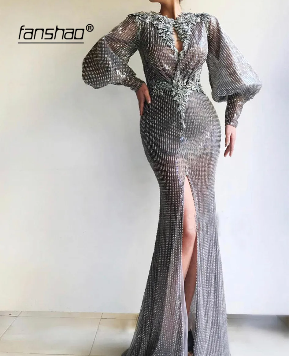 Silver Muslim Evening Dress Long Sleeves Lantern Mermaid Slit Sequins Flowers Islamic Dubai Saudi Arabic Evening Gown Prom Dress