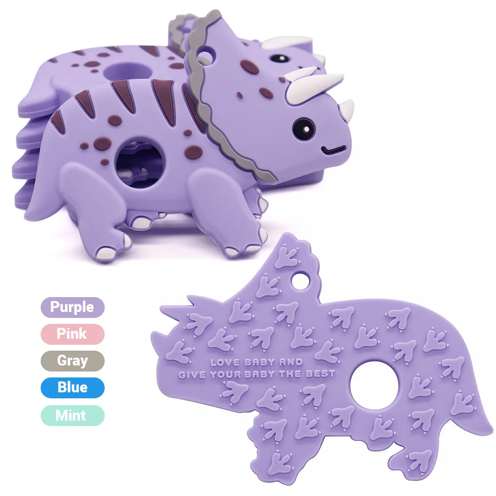 

2pcs Purple Dinosaur Baby Teether Trigonometric Food Grade Chewable Teething Pandent Nuring For Baby Infant