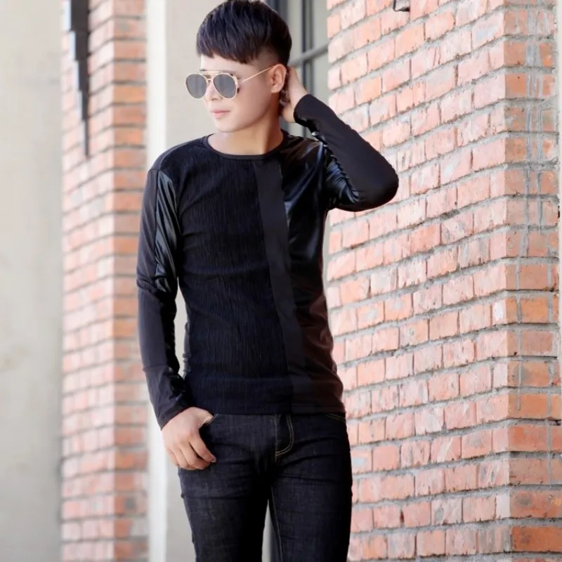 Модная Корейская мужская Тонкая футболка с длинными рукавами, Повседневный пуловер из искусственной кожи в стиле пэчворк, топы, уличная Осенняя черная футболка, большие размеры