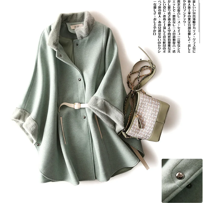 light green Женское шерстяное пальто, стоячий воротник, рукав летучая мышь, элегантное шерстяное пальто, плащ, Свободное длинное пальто, необычное кашемировое зимнее пальто - Цвет: light green