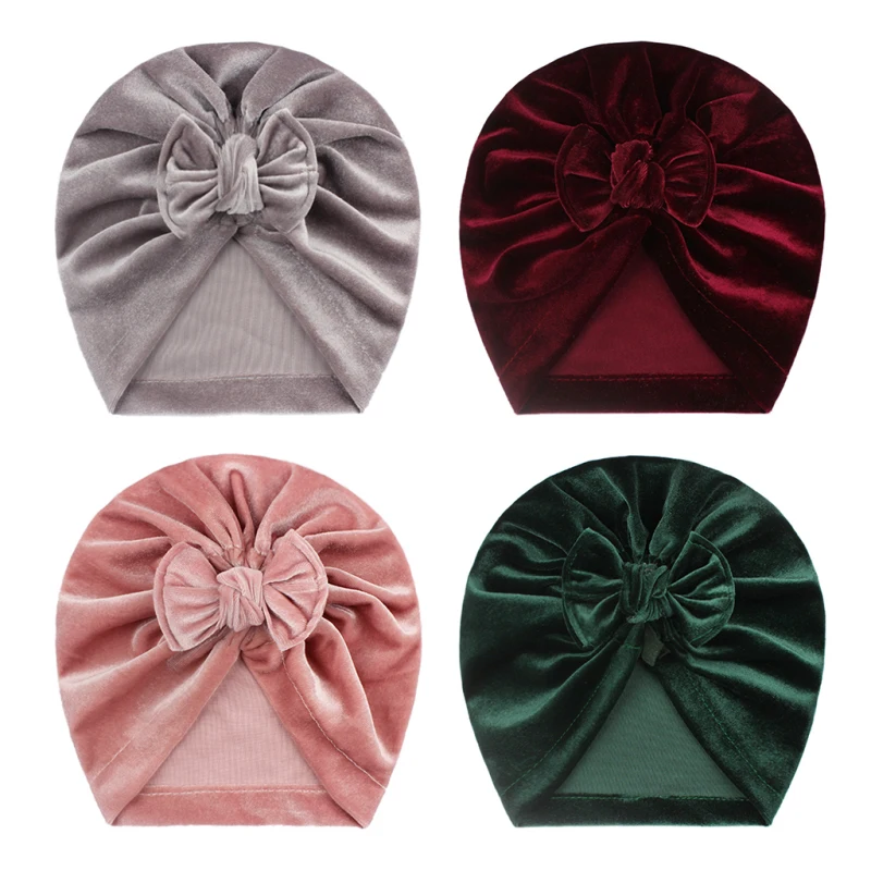 Solid Baby Cotton Beanies Cute Bear Ear Bowknot Turban Hats Sweet Soft 0-4T Elastic Caps For Newborn Baby Boy Girls Headwraps