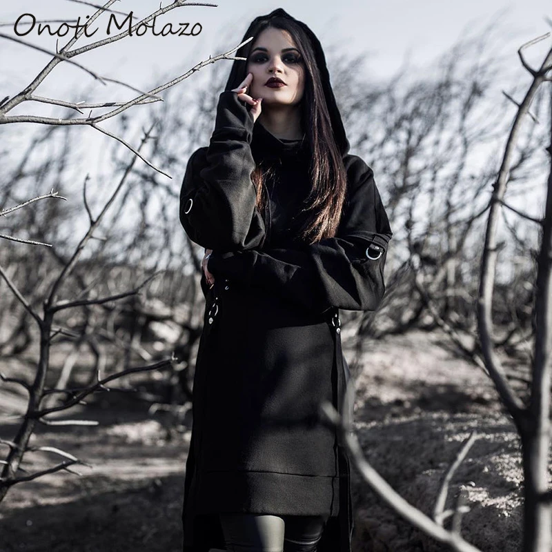 

Onoti Molazo Gothic Long Hoodies Top Black Dark Harajuku Grunge Hooded Sweatshirts Pullovers Streetwear Female 2019 Autumn