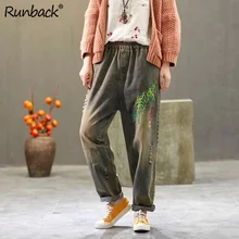 Runback рваные джинсы для женщин с вышивкой и высокой талией Pantalones джинсы vaqueros Mujer эластичный пояс размера плюс джинсовые штаны-шаровары