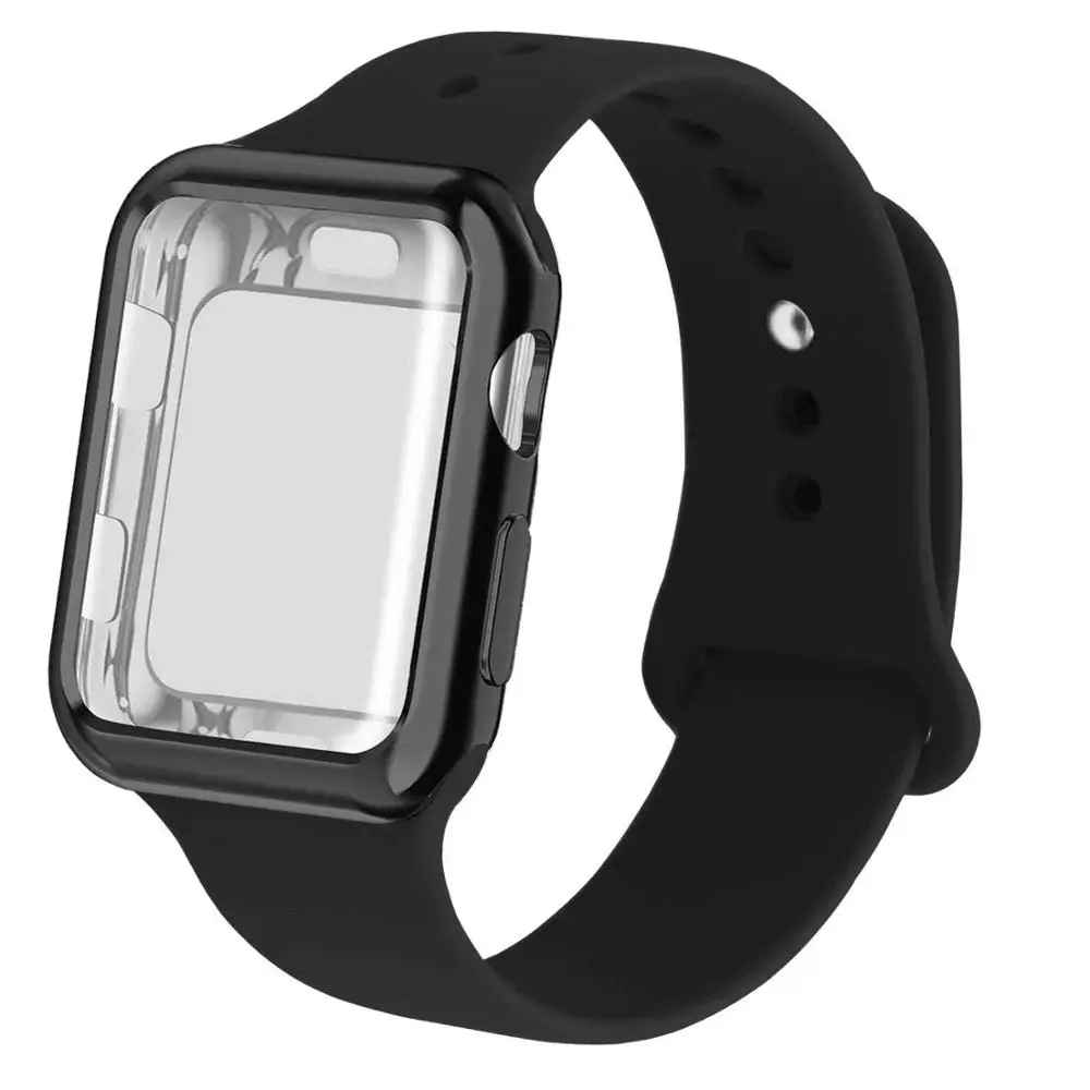 black Чехол+ ремешок для часов apple watch 5 ремешок 44 мм correa apple watch 42 мм 38 мм 40 мм iwatch 4 3 2 Силиконовый браслет pulseira - Цвет ремешка: black
