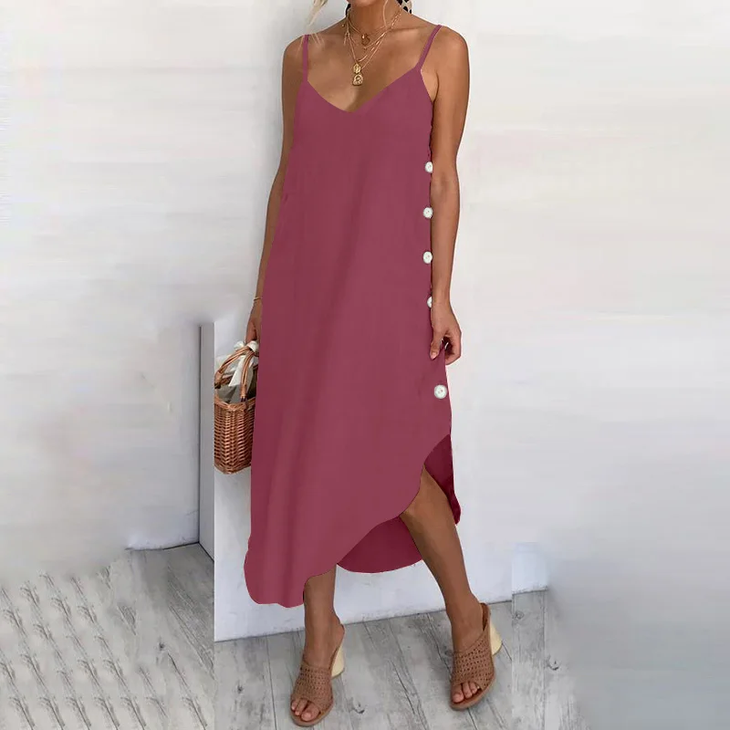 Women's Sexy Summer Dress 2021 Strapless Sleeve Beach Dress Casual Solid Color Button Irregular Shirt Large Size