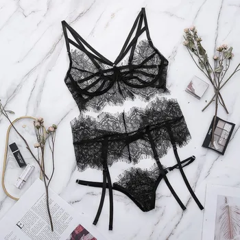 

3pcs Women Sexy lingerie set Lace Garter stocking clip Exotic set Lattice-Front Suspender Teddy Set Bandage Underwear Babydoll