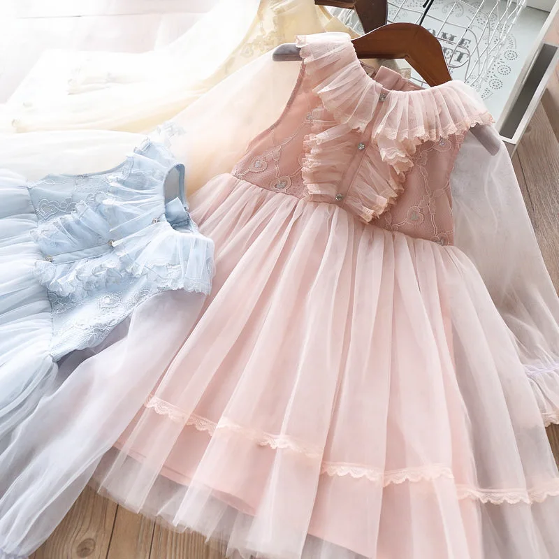 Платья для маленьких девочек воротник "Лотос" с кружевом с рисунком Модная детская одежда