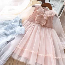 Платья для маленьких девочек воротник "Лотос" с кружевом с рисунком Модная детская одежда