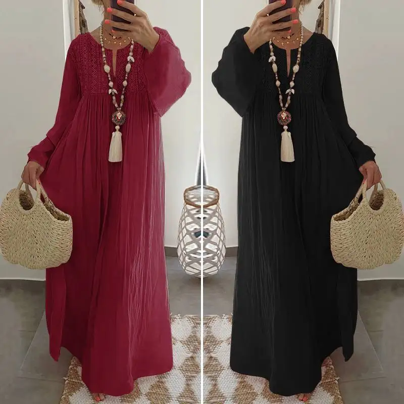 VONDA Plus Size Dress Women Sundress Casual Loose Vintage Long Sleeve Party Long Dress Bohemian Vestidos Female Cotton Robe